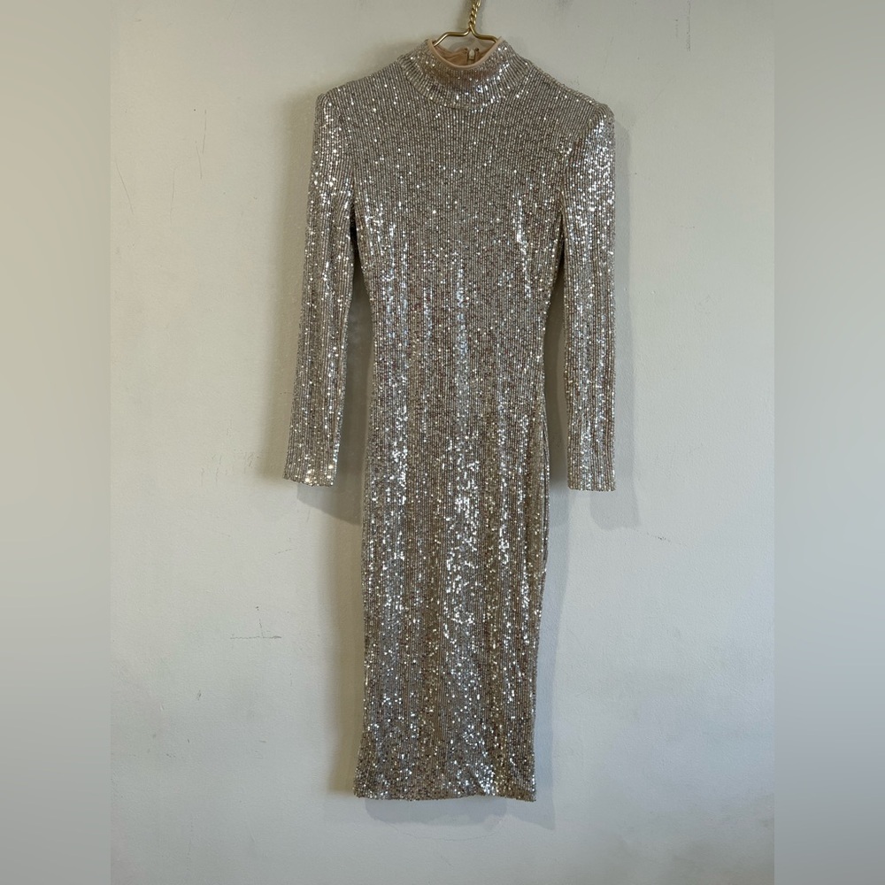 JLUXLABEL Shimmering gold Long Sleeve midi shoulder pads Dress
